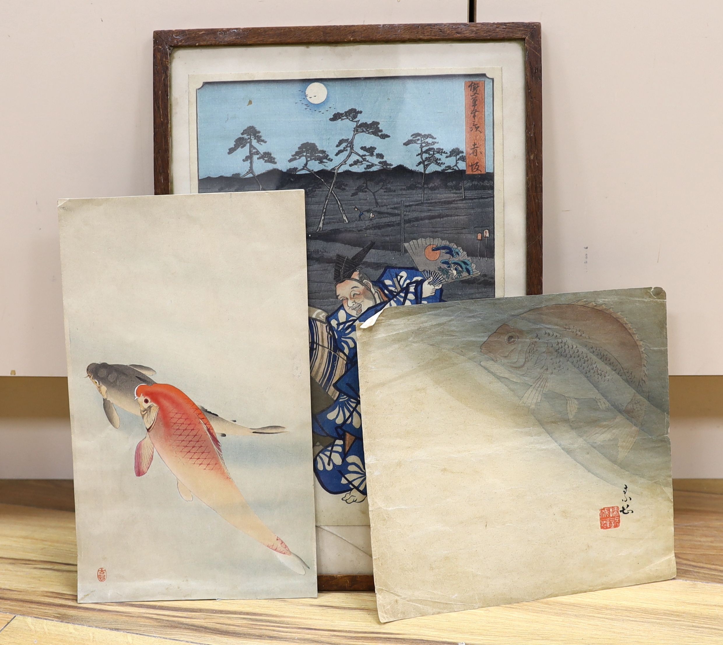 Ohara Koson, woodblock print, Two carp, 32 x 19cm, together with two other Japanesew woodblock prints